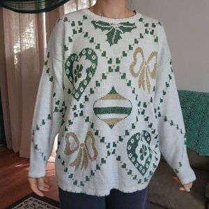 Vintage Gold & Green Knit Christmas Sweater Size Large